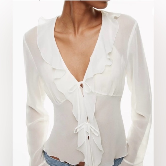 Wilfred Tops - Aritzia Wilfred Frenchy Light Birch  White Sheer Ruffle Blouse
